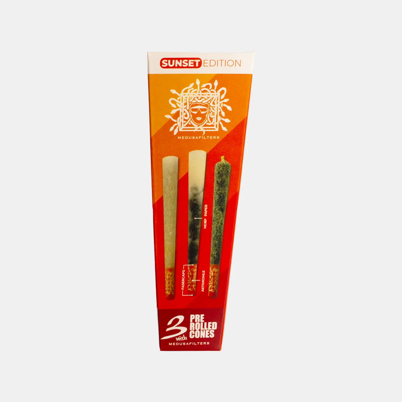 Medusafilters 3 Pre Rolled Cones mit UNBLEACHED Longpapers King Size Slim und Premium Kokosnuss-Aktivkohlefilter SUNSET Edition Tip Size 6 mm Frontansicht