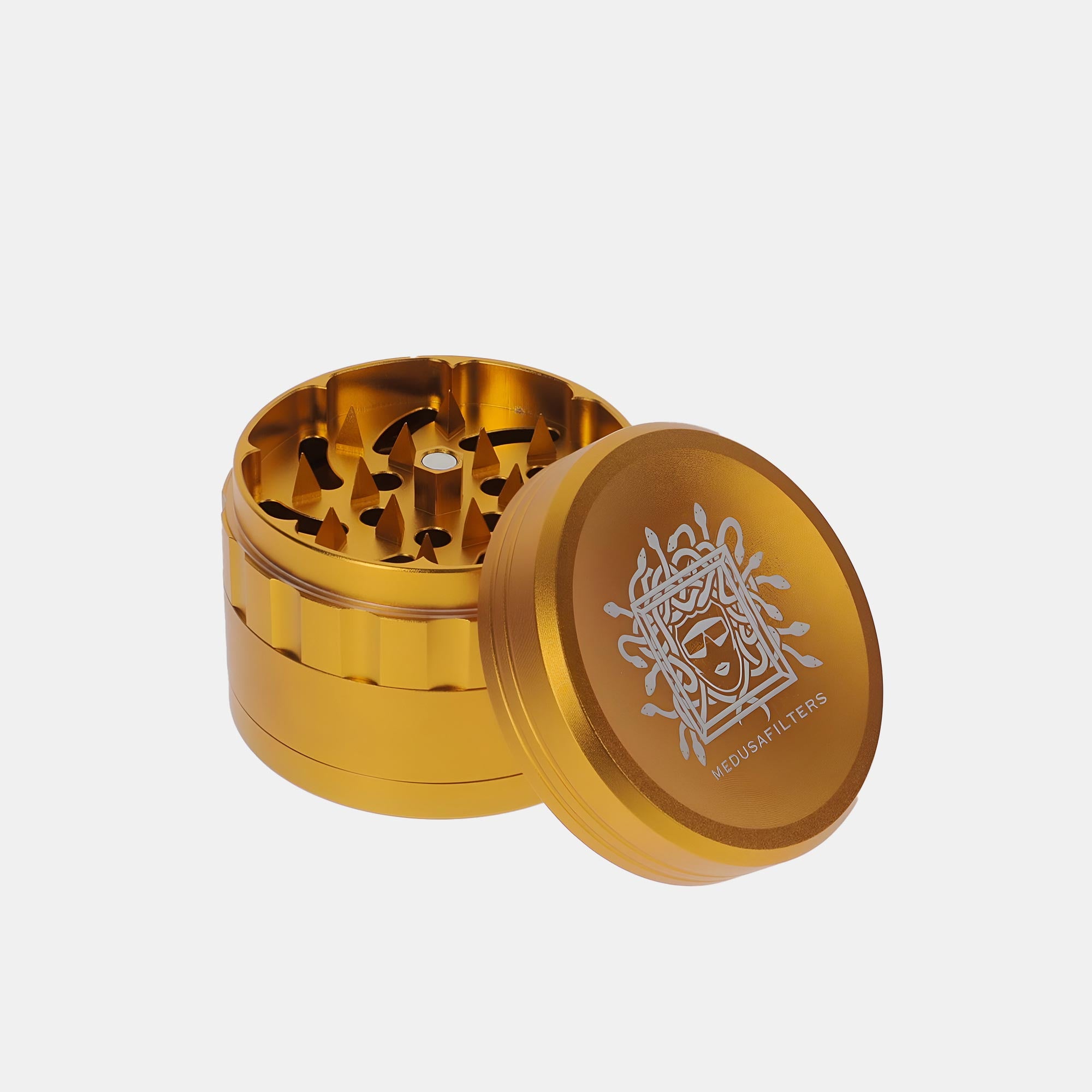 Medusafilters Spike Grinder aus eloxiertem Aluminium SUNSET Edition geöffnet mit Deckel