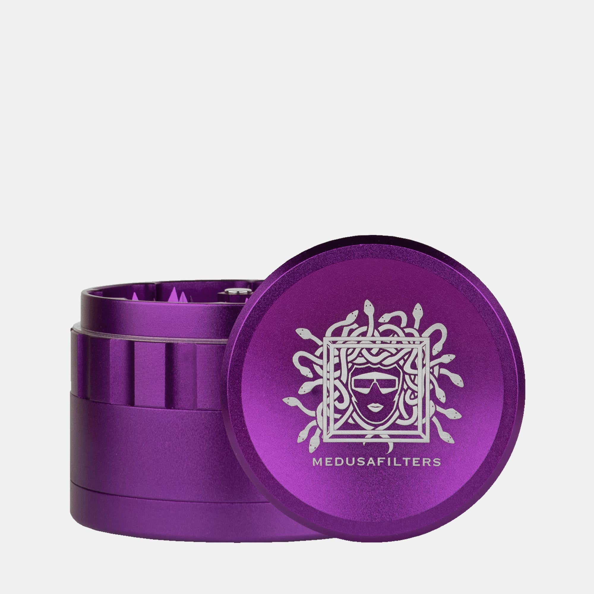 Medusafilters Spike Grinder aus eloxiertem Aluminium VIOLET Edition Vorderseite