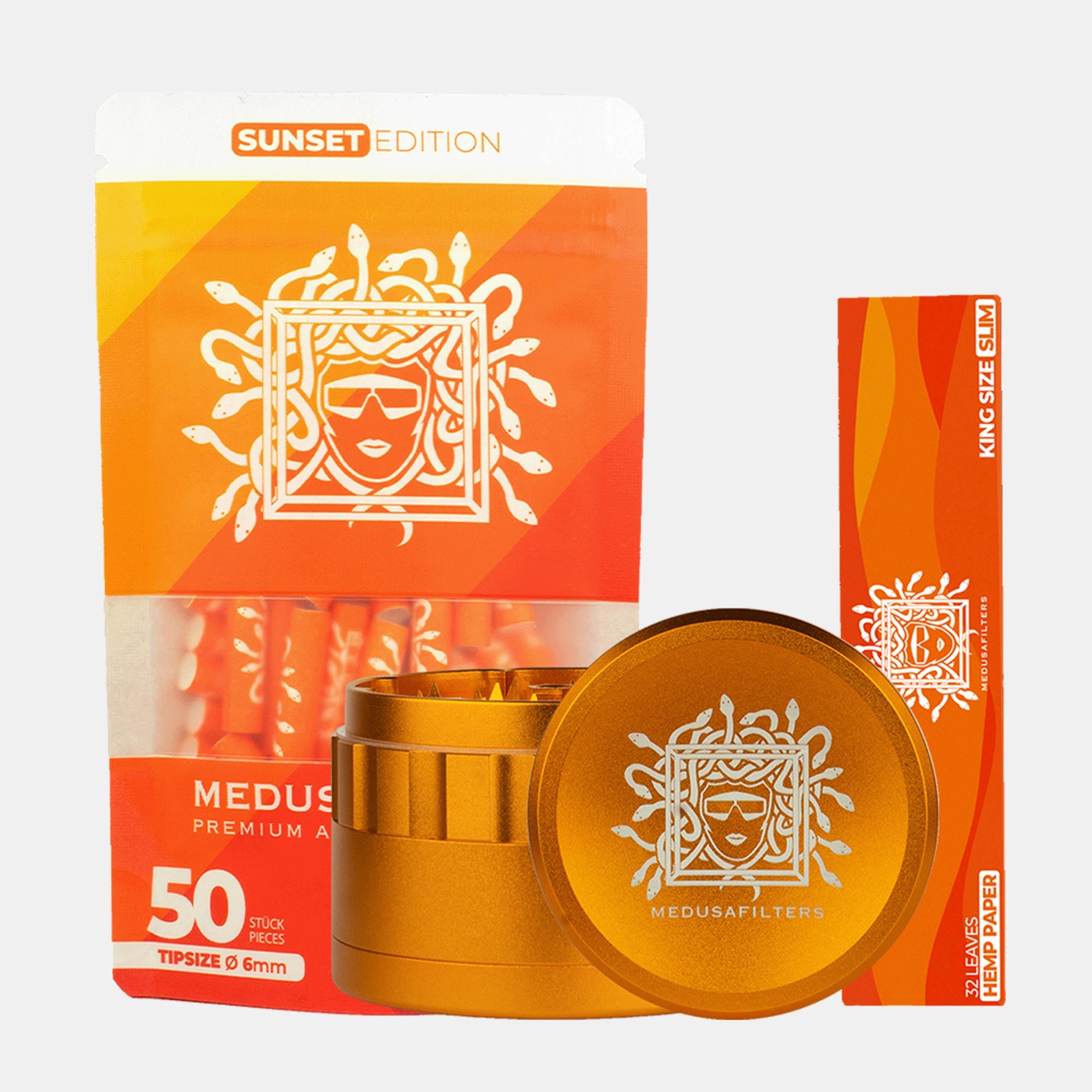 1x Medusafilters 50er Packung SUNSET Edition + 1x Longpapers HEMP King Size Slim + Spike Grinder SUNSET