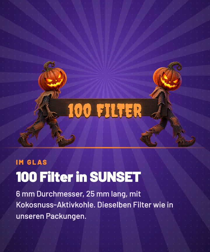 Zwei Kürbisfiguren tragen ein Schild mit 100 FILTER: 100 Filter in SUNSET, 6 mm Durchmesser, 25 mm lang, mit Kokosnuss-Aktivkohle