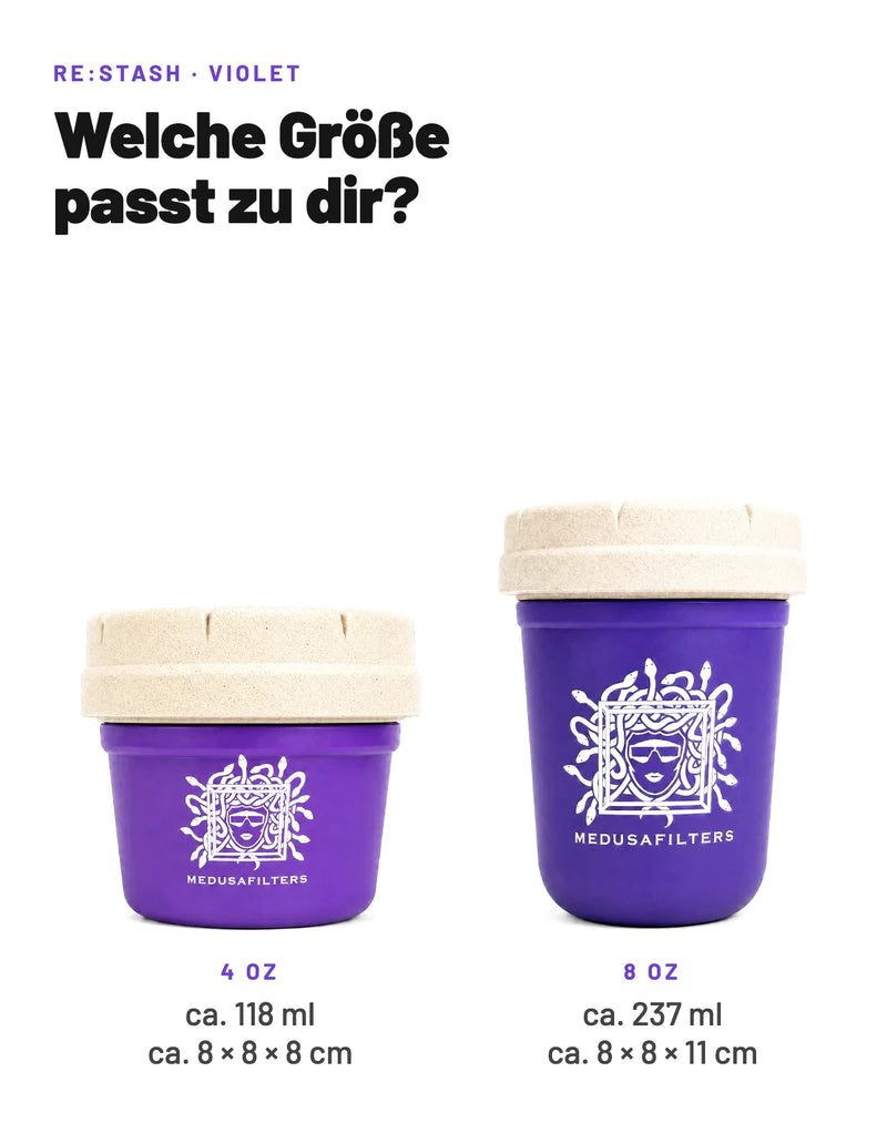 RE:STASH Jar in Violet: 4 OZ (ca. 118 ml, ca. 8 × 8 × 8 cm) neben 8 OZ (ca. 237 ml, ca. 8 × 8 × 11 cm)
