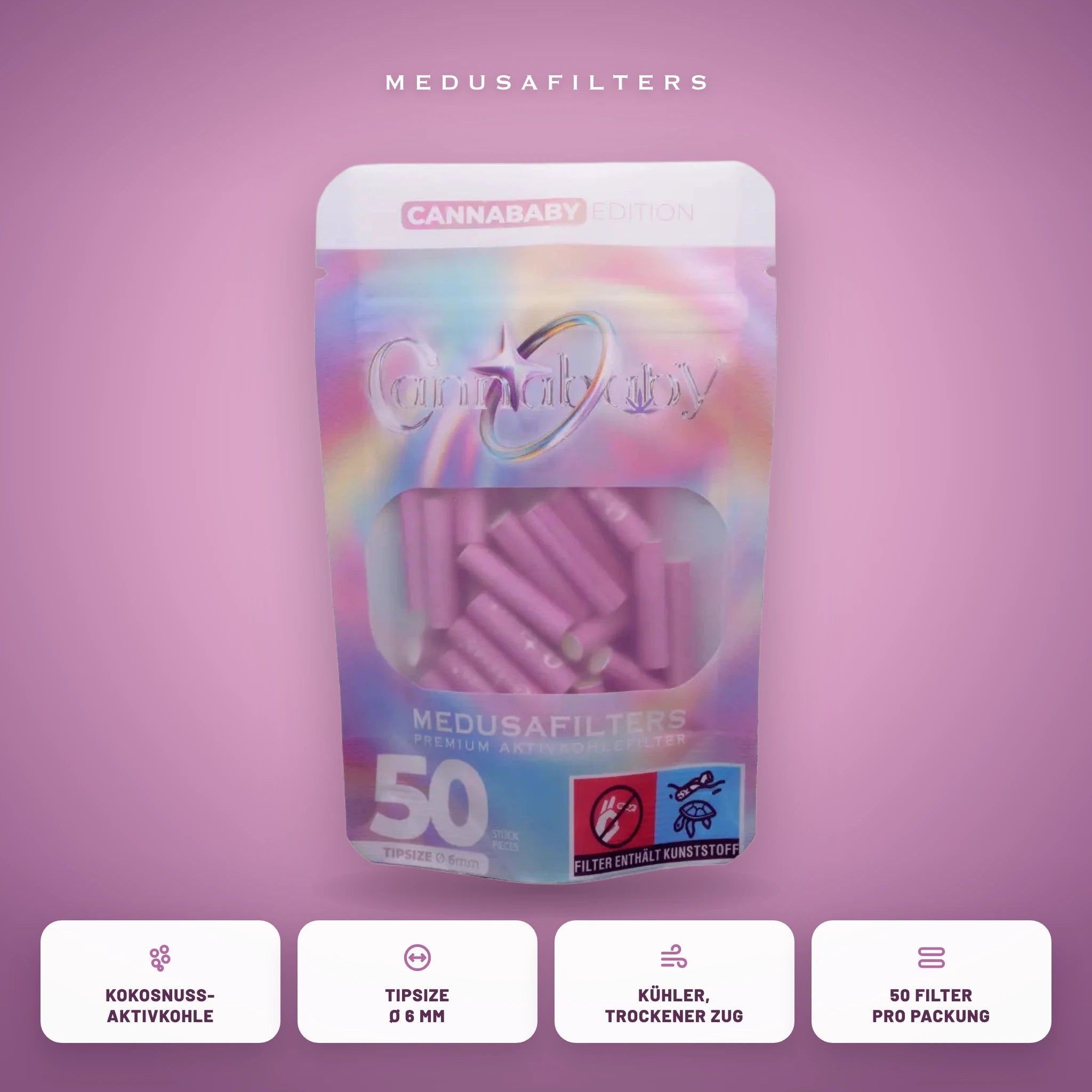 Medusafilters Aktivkohlefilter 6 mm CANNABABY Edition 50er Packung – Kokosnuss-Aktivkohle, Tipsize 6 mm, kühler trockener Zug