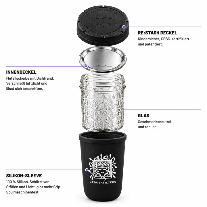 RE:STASH Jar 8 OZ in Black in Einzelteilen: Außendeckel, Innendeckel, Glas und Silikon-Sleeve mit Medusa-Logo