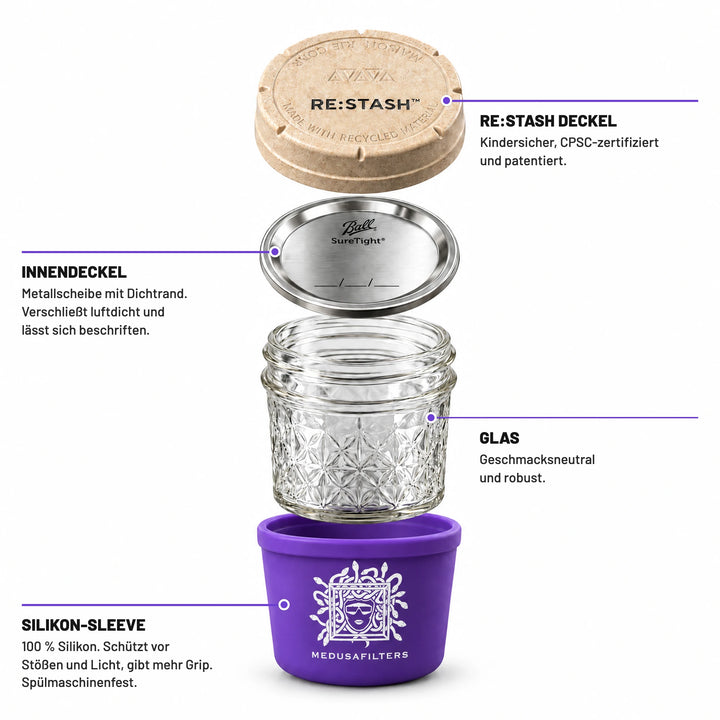 RE:STASH Jar 4 OZ in Violet in Einzelteilen: Außendeckel, Innendeckel, Glas und Silikon-Sleeve mit Medusa-Logo
