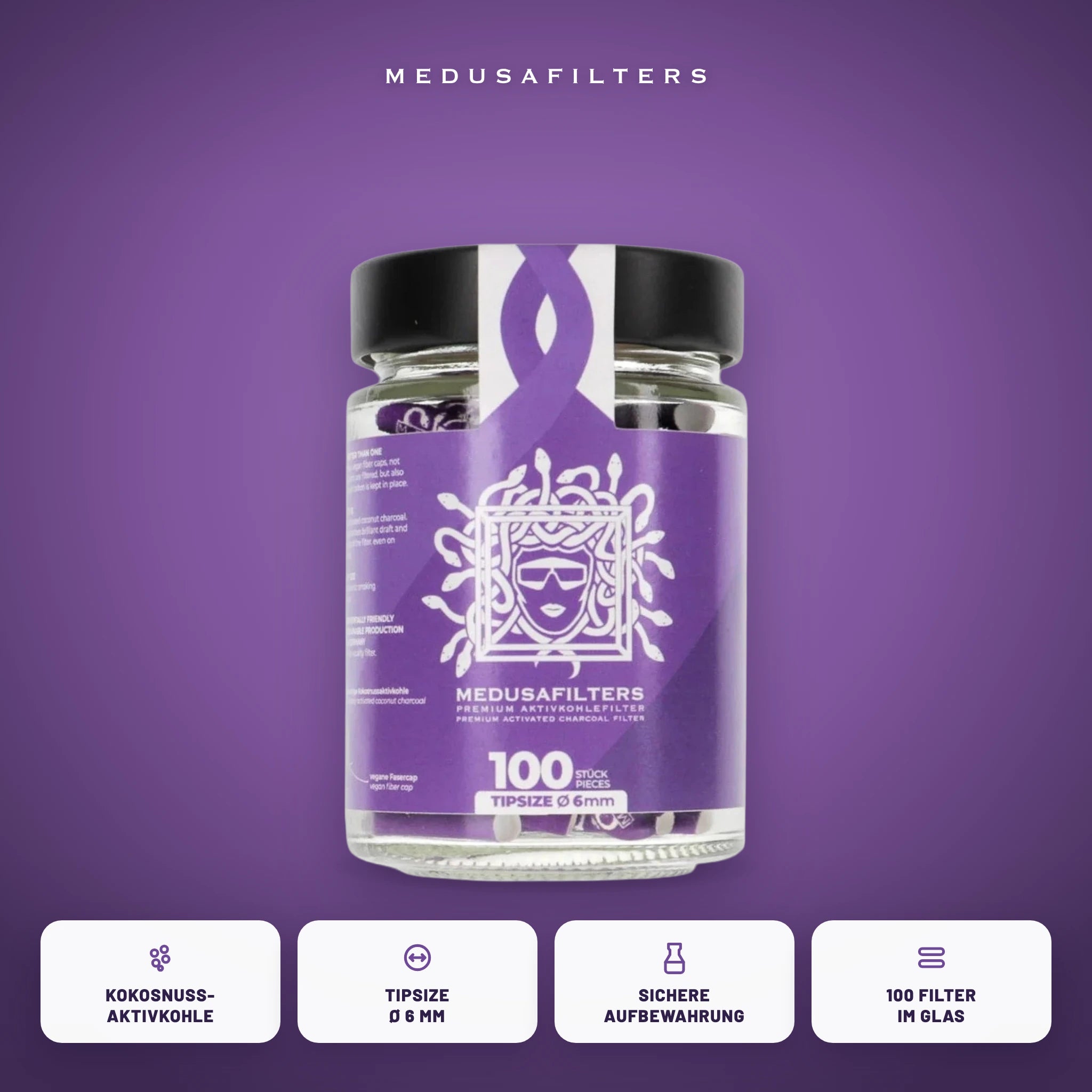 Medusafilters Aktivkohlefilter 6 mm im Glas – 100 Filter VIOLET – Vorteile