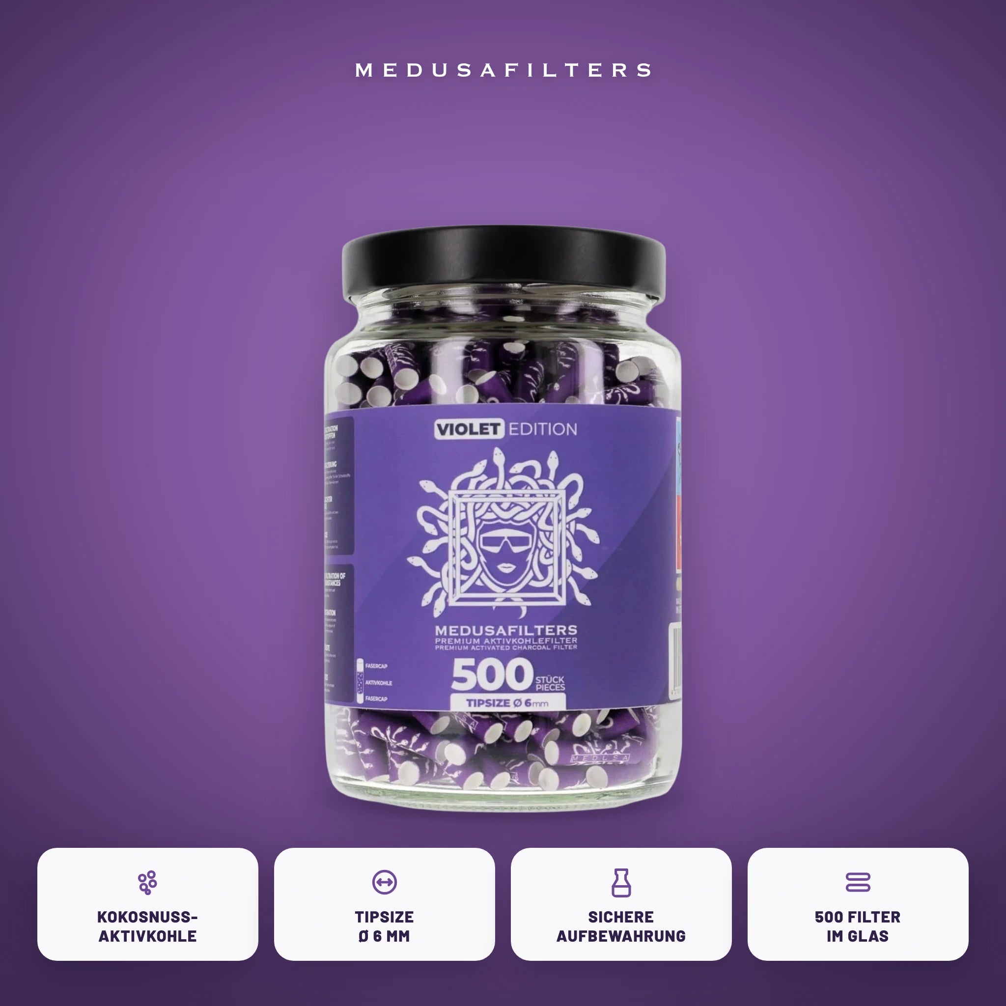 Medusafilters Aktivkohlefilter 6 mm im Glas – 500 Filter VIOLET – Vorteile