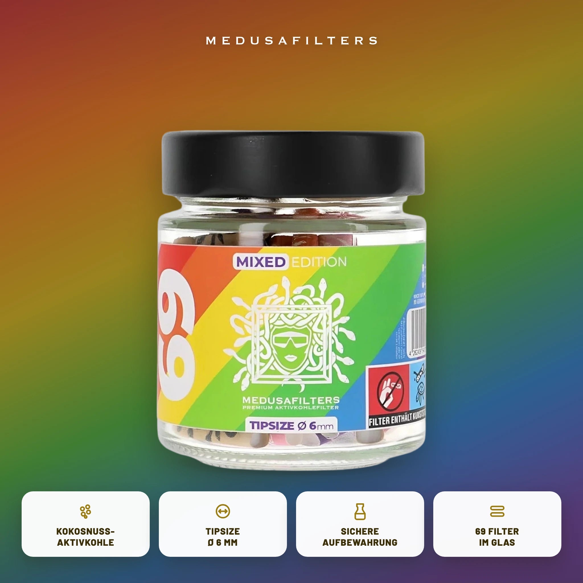 Medusafilters Aktivkohlefilter 6 mm im Glas – 69 Filter MIXED – Vorteile