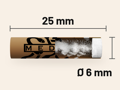 Aufgeschnittener ORGANIC Aktivkohlefilter mit Kokosnuss-Aktivkohle und Faserkappe, 25 mm lang, Ø 6 mm