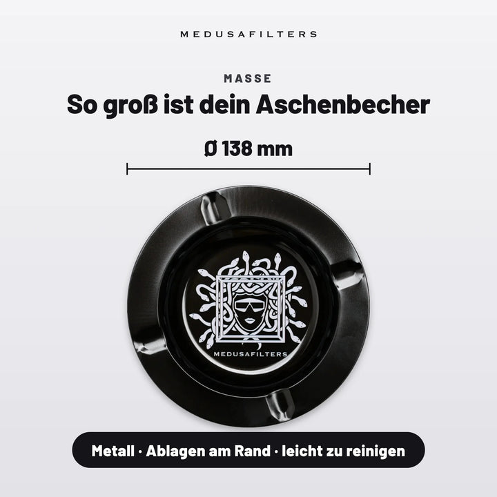 So groß ist dein Aschenbecher: BLACK, Ø 138 mm, aus Metall mit Ablagen am Rand, leicht zu reinigen