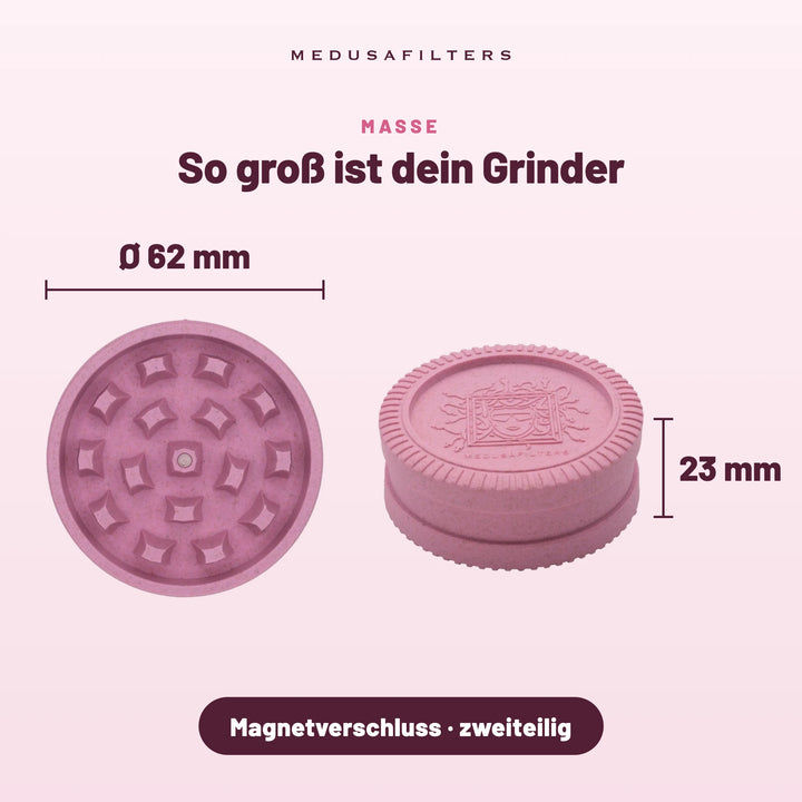 So groß ist dein Grinder: ROSÉ, Draufsicht Ø 62 mm und Seitenansicht 23 mm hoch, Magnetverschluss, zweiteilig