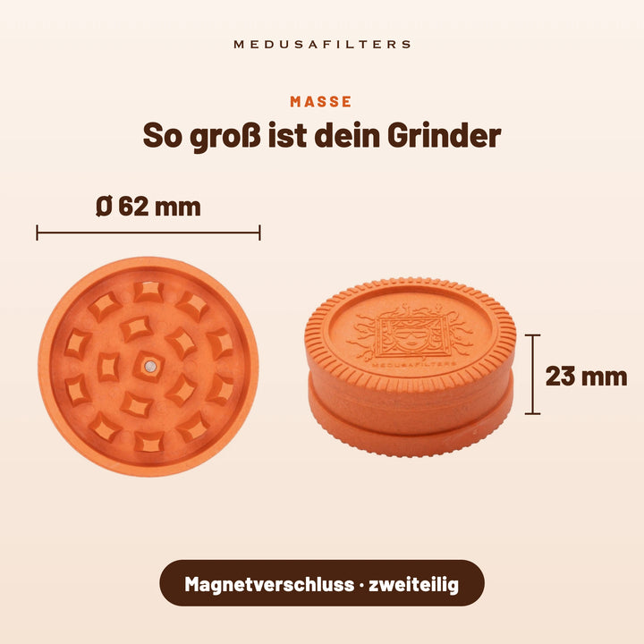 So groß ist dein Grinder: SUNSET, Draufsicht Ø 62 mm und Seitenansicht 23 mm hoch, Magnetverschluss, zweiteilig