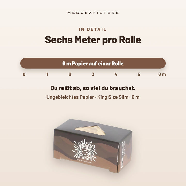 Sechs Meter pro Rolle: Maßband von 0 bis 6 m über der Endless-Rolls-Box ORGANIC. Du reißt ab, so viel du brauchst. Ungebleichtes Papier, King Size Slim, 6 m