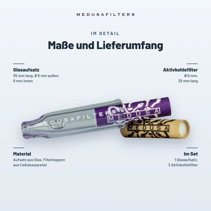 Maße und Lieferumfang: Glasaufsatz 35 mm lang, außen Ø 8 mm, innen 6 mm; Aktivkohlefilter Ø 6 mm, 25 mm lang; Aufsatz aus Glas, Filterkappen aus Celluloseacetat; im Set 1 Glasaufsatz und 3 Aktivkohlefilter
