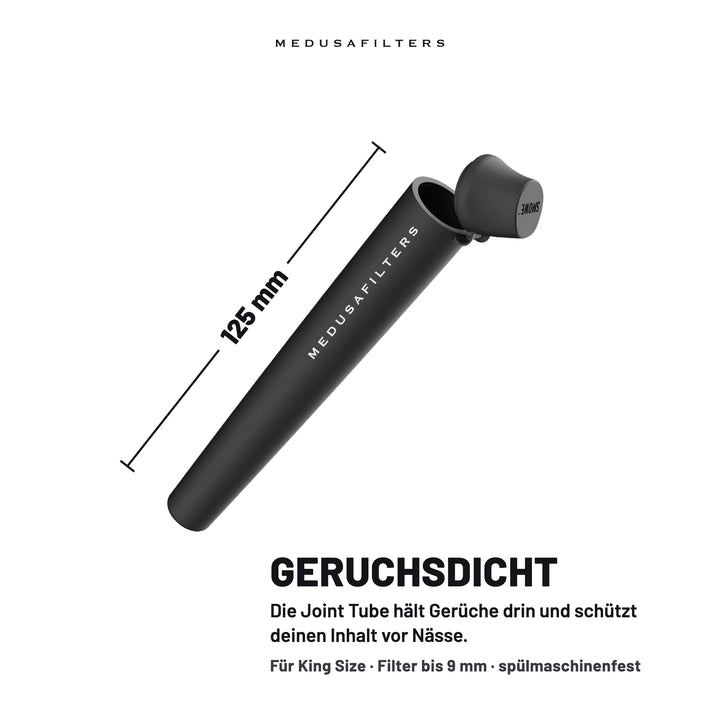 Joint Tube ORGANIC, 125 mm lang, mit geöffnetem Deckel. Geruchsdicht: hält Gerüche drin und schützt deinen Inhalt vor Nässe. Für King Size, Filter bis 9 mm, spülmaschinenfest