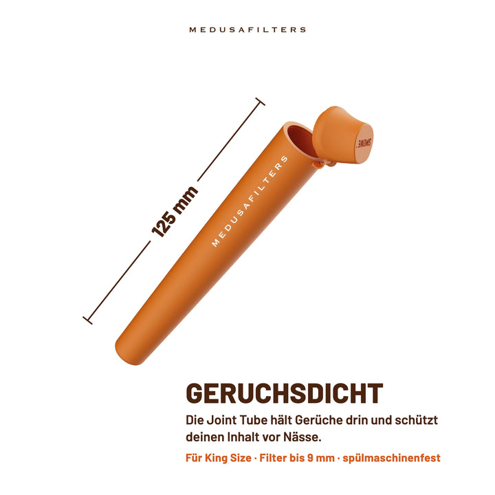 Joint Tube SUNSET, 125 mm lang, mit geöffnetem Deckel. Geruchsdicht: hält Gerüche drin und schützt deinen Inhalt vor Nässe. Für King Size, Filter bis 9 mm, spülmaschinenfest