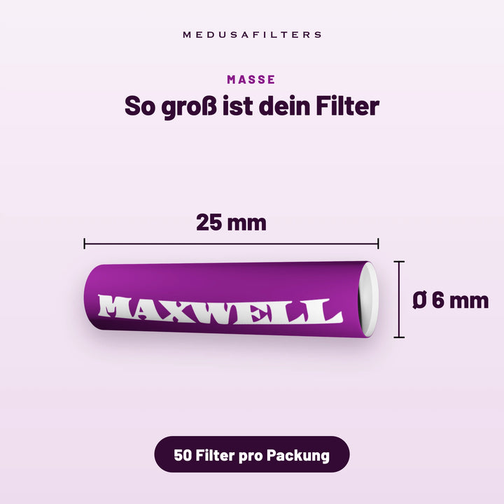 So groß ist dein Filter: Aktivkohlefilter im Design von MAXWELL, 25 mm lang, Ø 6 mm, 50 Filter pro Packung