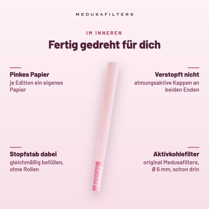 Fertig gedreht für dich: Pre-Rolled Cone ROSÉ mit pinkem Papier; Aktivkohlefilter Ø 6 mm schon drin; verstopft nicht dank atmungsaktiver Kappen an beiden Enden; Stopfstab dabei