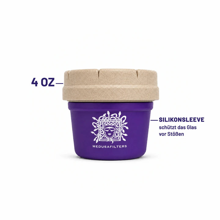RE:STASH Jar 4 OZ in VIOLET mit Silikonsleeve; das Silikonsleeve schützt das Glas vor Stößen
