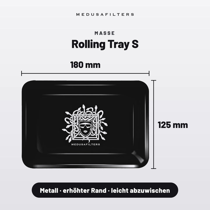 Maße Rolling Tray S in BLACK: 180 × 125 mm, Metall mit erhöhtem Rand, leicht abzuwischen
