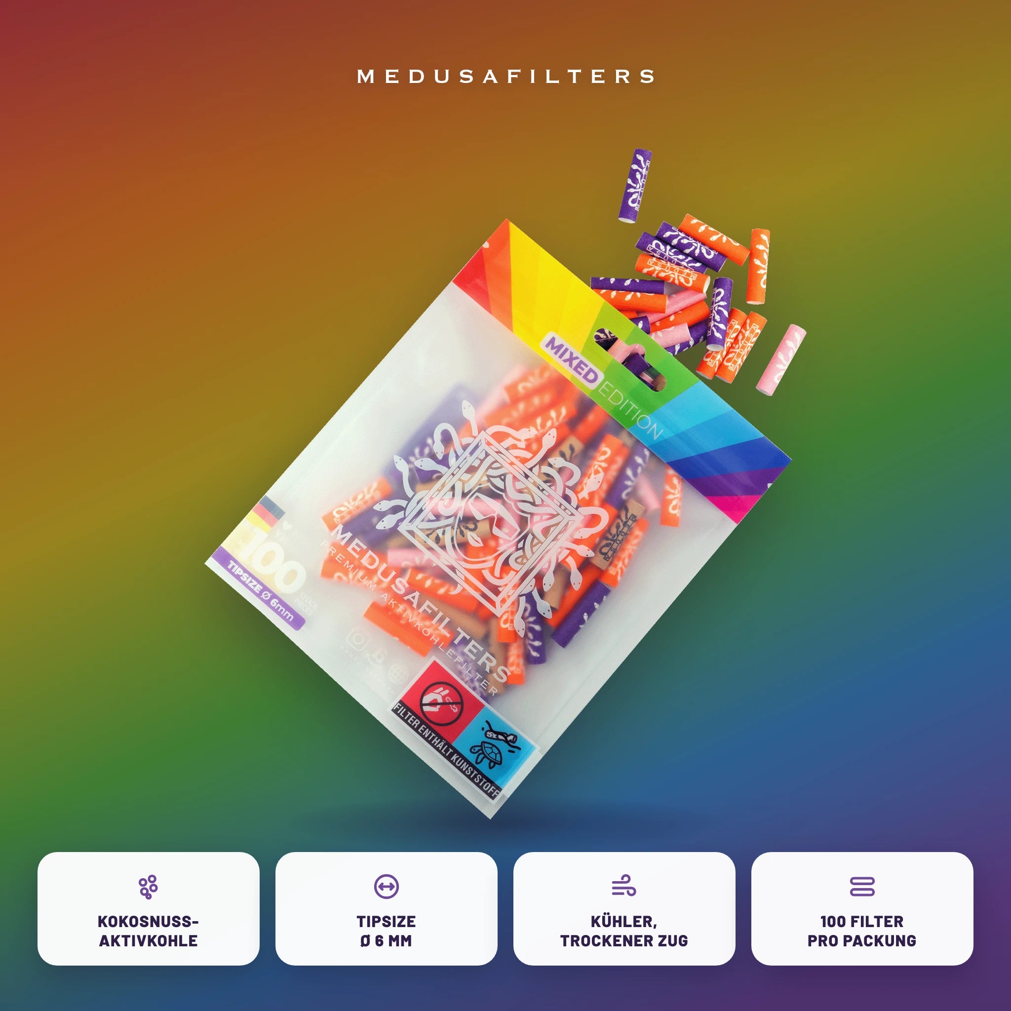 Medusafilters Aktivkohlefilter 6 mm MIXED Edition 100er Packung – alle Farben gemischt, Kokosnuss-Aktivkohle, Tipsize 6 mm