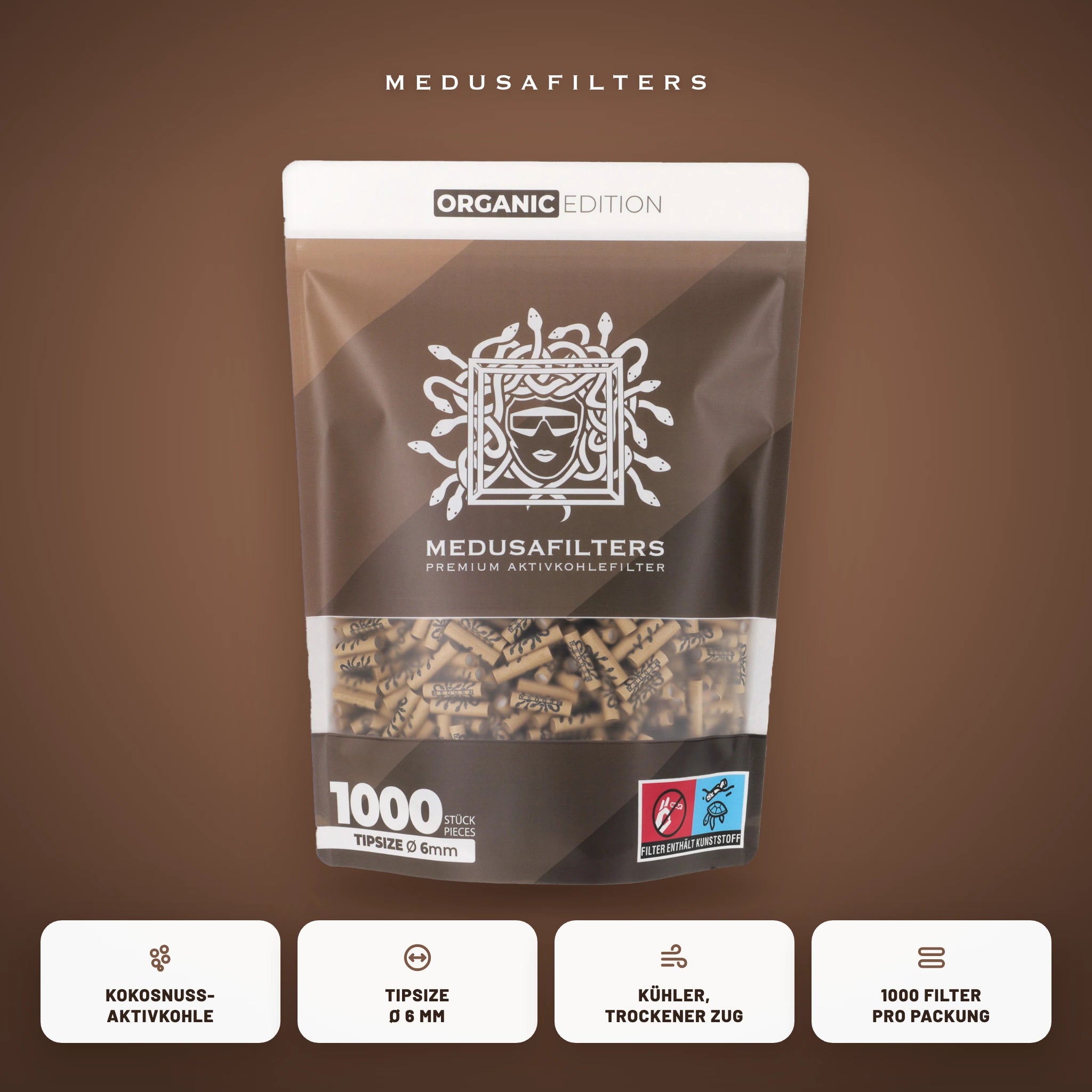 Medusafilters Aktivkohlefilter 6 mm ORGANIC Edition 1000er Packung – Kokosnuss-Aktivkohle, Tipsize 6 mm, kühler trockener Zug
