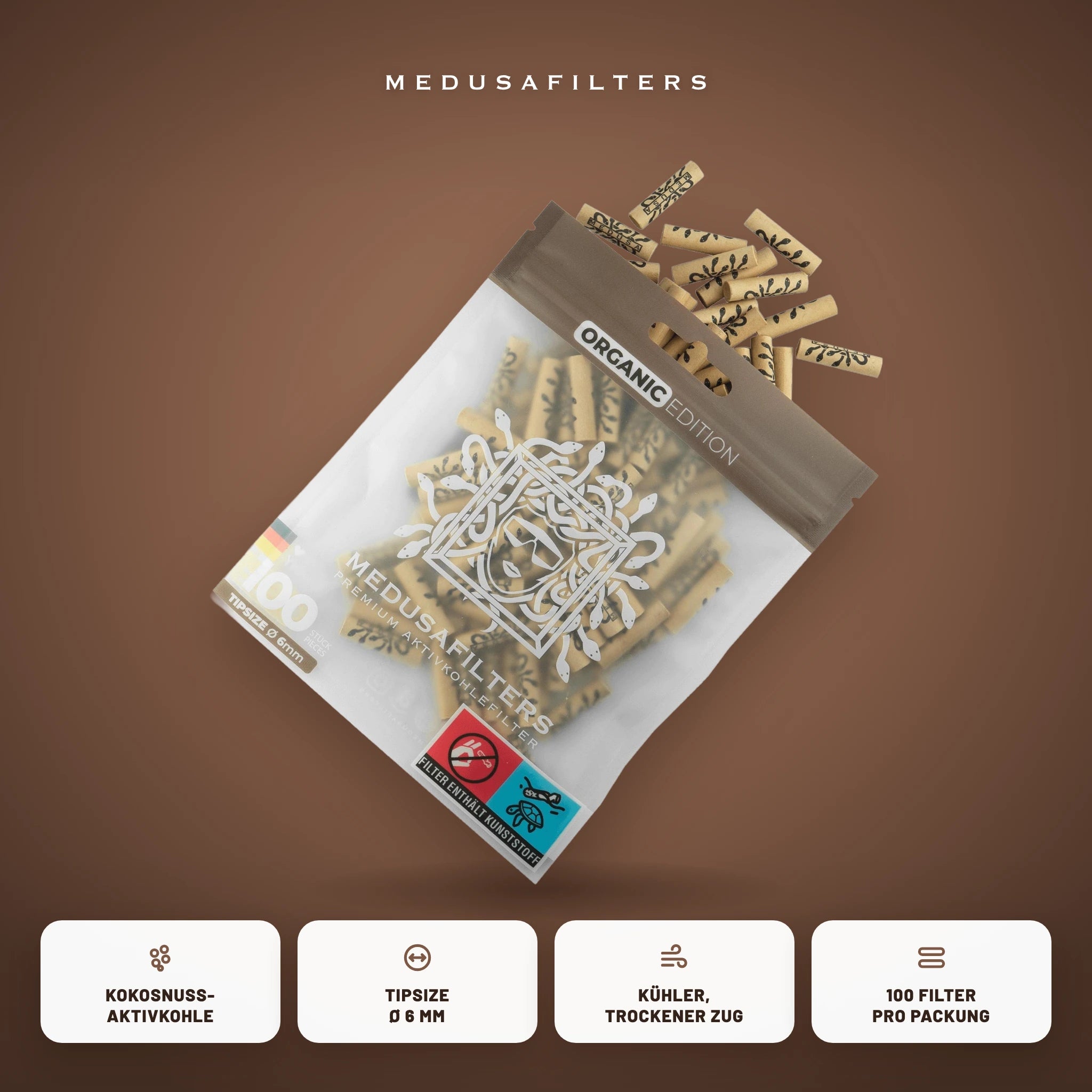 Medusafilters Aktivkohlefilter 6 mm ORGANIC Edition 100er Packung – Kokosnuss-Aktivkohle, Tipsize 6 mm, kühler trockener Zug