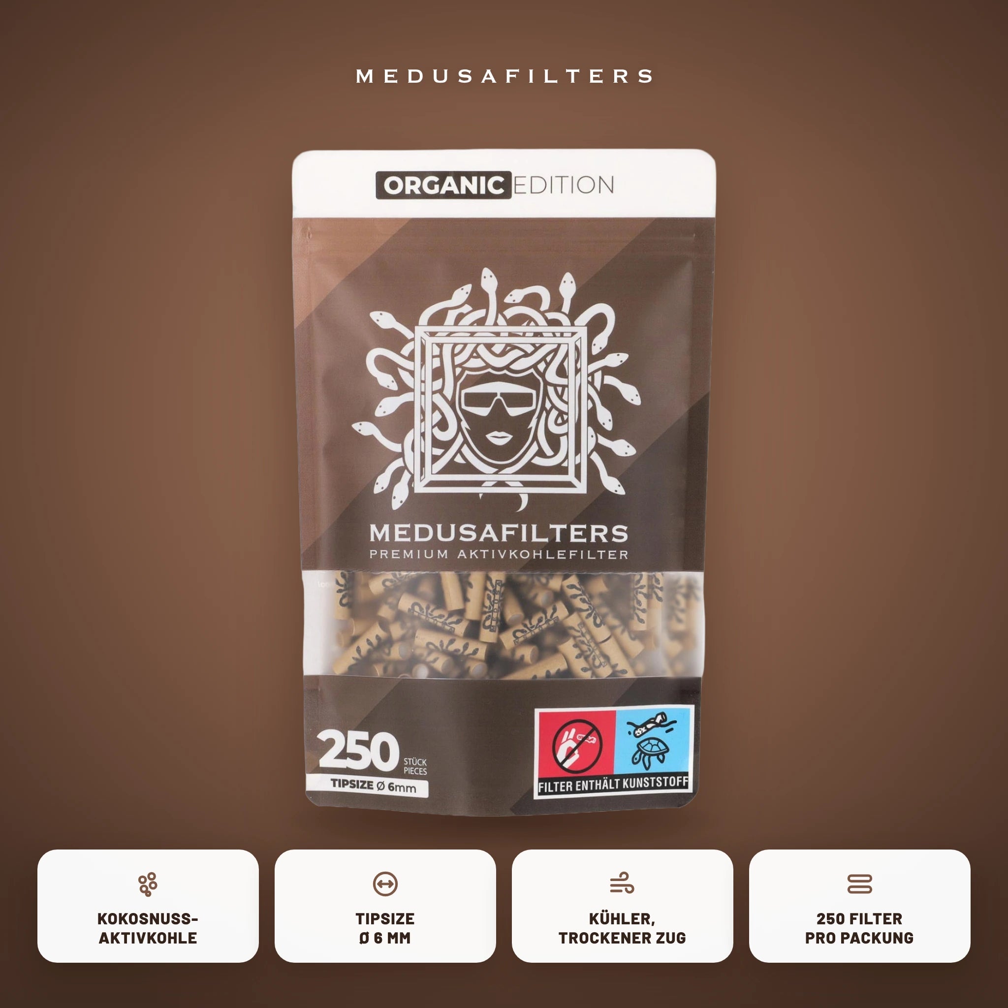 Medusafilters Aktivkohlefilter 6 mm ORGANIC Edition 250er Packung – Kokosnuss-Aktivkohle, Tipsize 6 mm, kühler trockener Zug