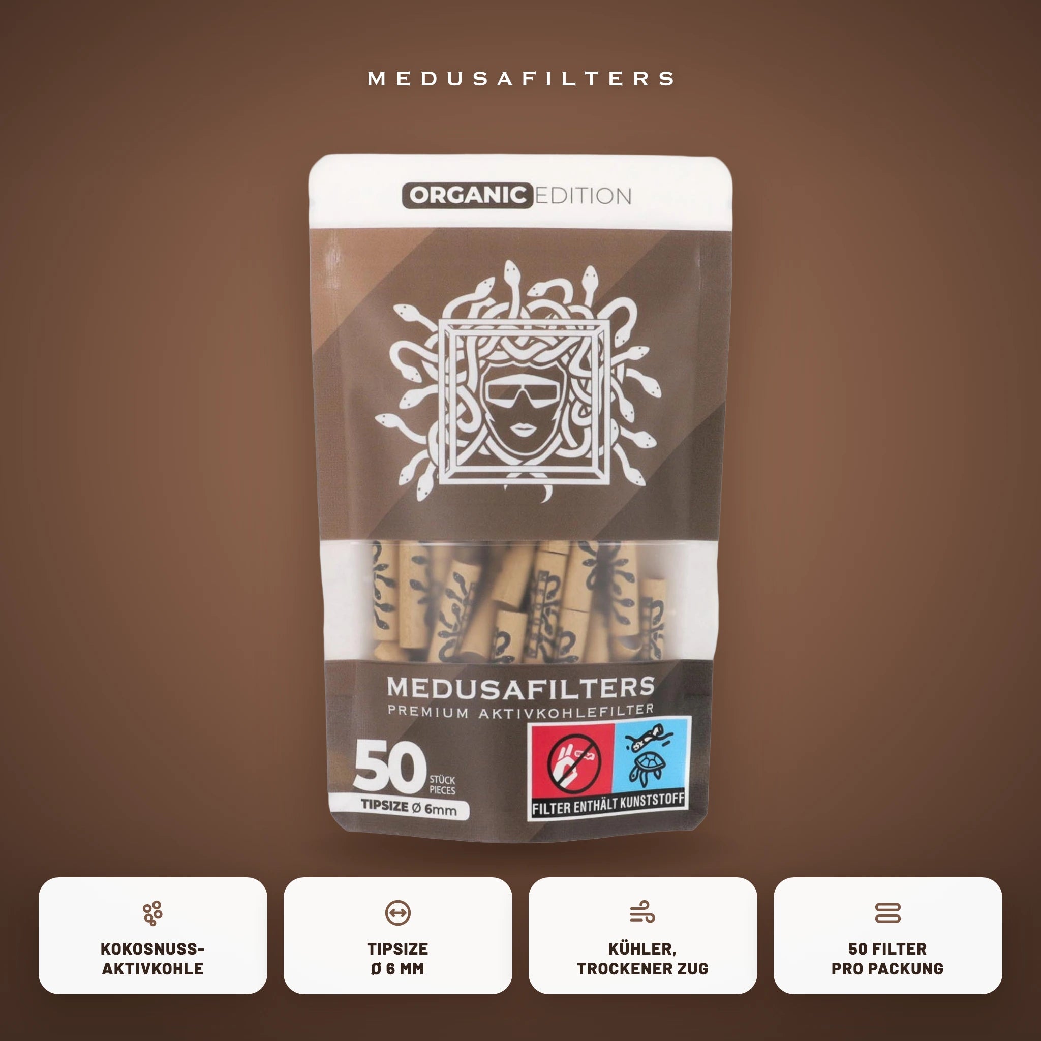 Medusafilters Aktivkohlefilter 6 mm ORGANIC Edition 50er Packung – Kokosnuss-Aktivkohle, Tipsize 6 mm, kühler trockener Zug
