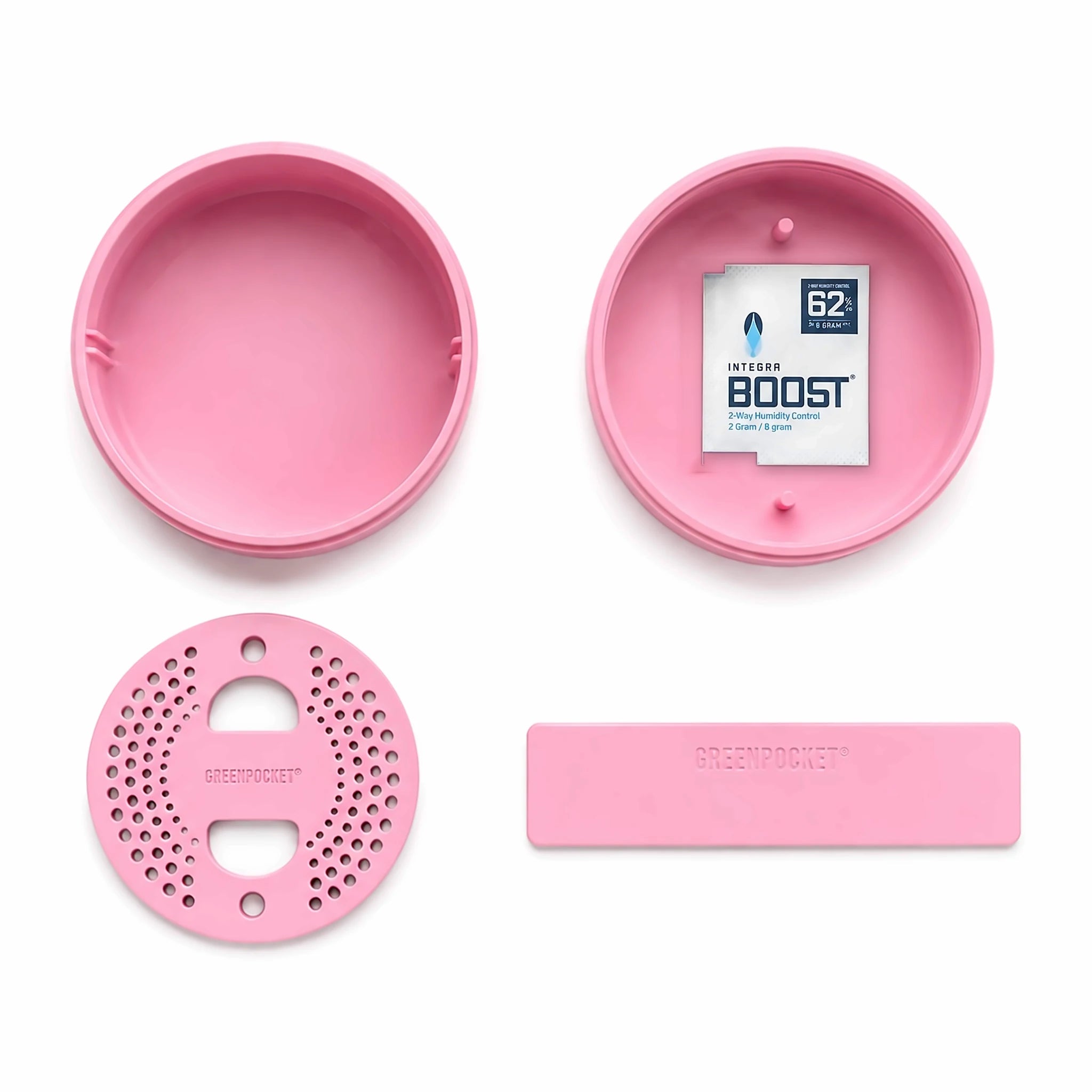 Green Pocket Rosé – alle Teile: Base, Deckel mit Integra-Boost-Pack, Sieb-Einsatz, Trennwand