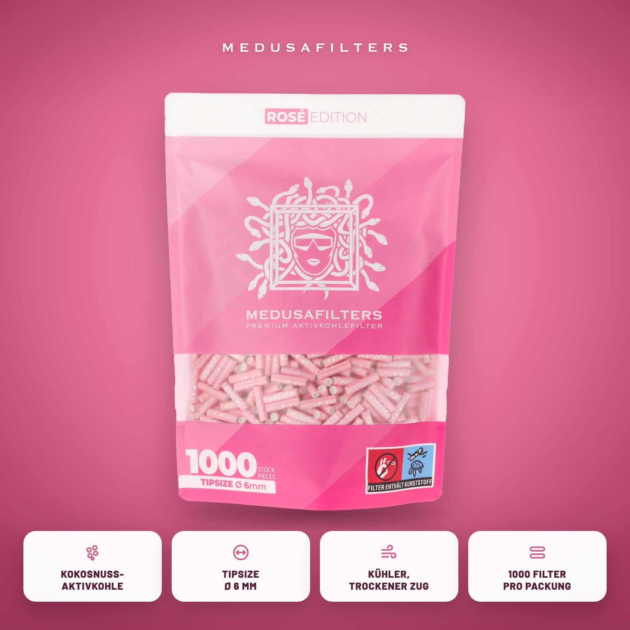 Medusafilters Aktivkohlefilter 6 mm ROSÉ Edition 1000er Packung – Kokosnuss-Aktivkohle, Tipsize 6 mm, kühler trockener Zug