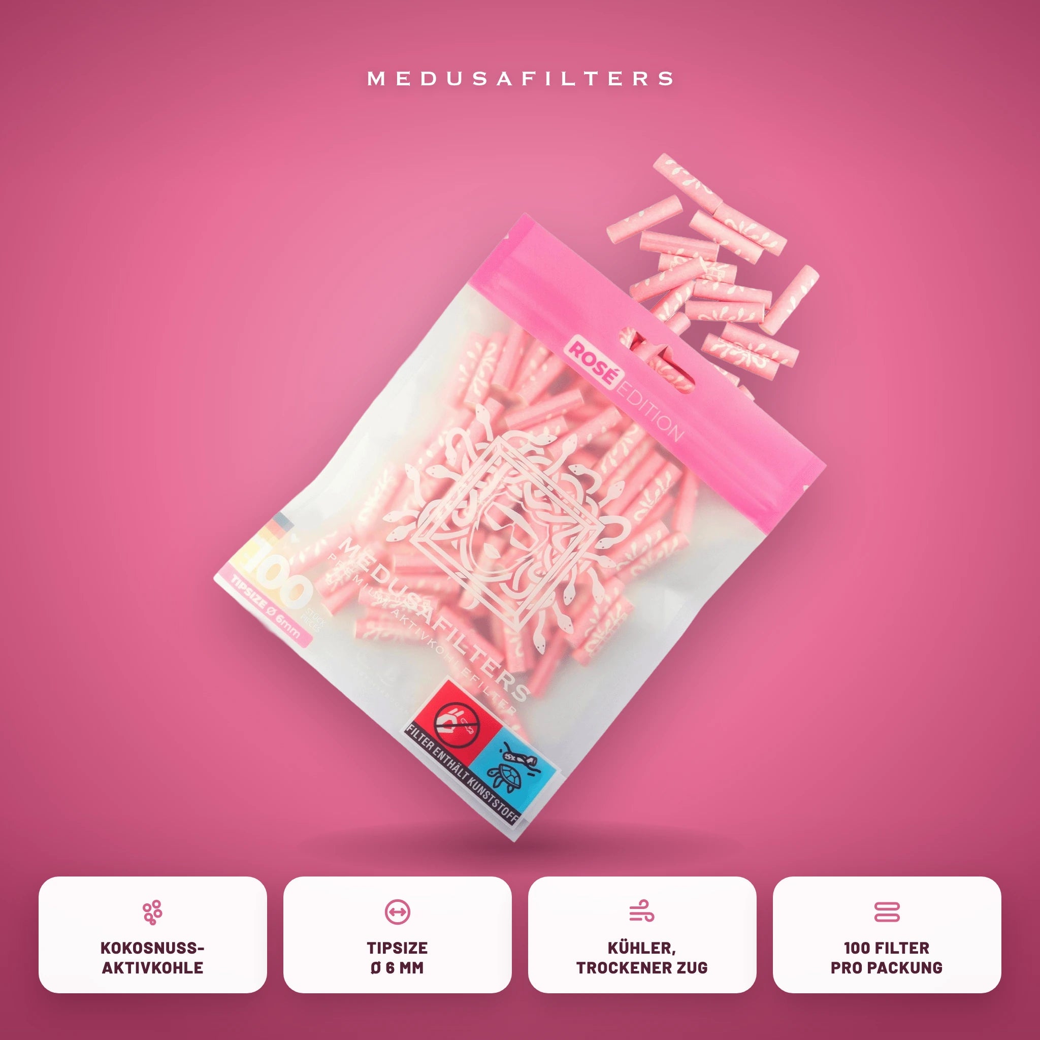 Medusafilters Aktivkohlefilter 6 mm ROSÉ Edition 100er Packung – Kokosnuss-Aktivkohle, Tipsize 6 mm, kühler trockener Zug