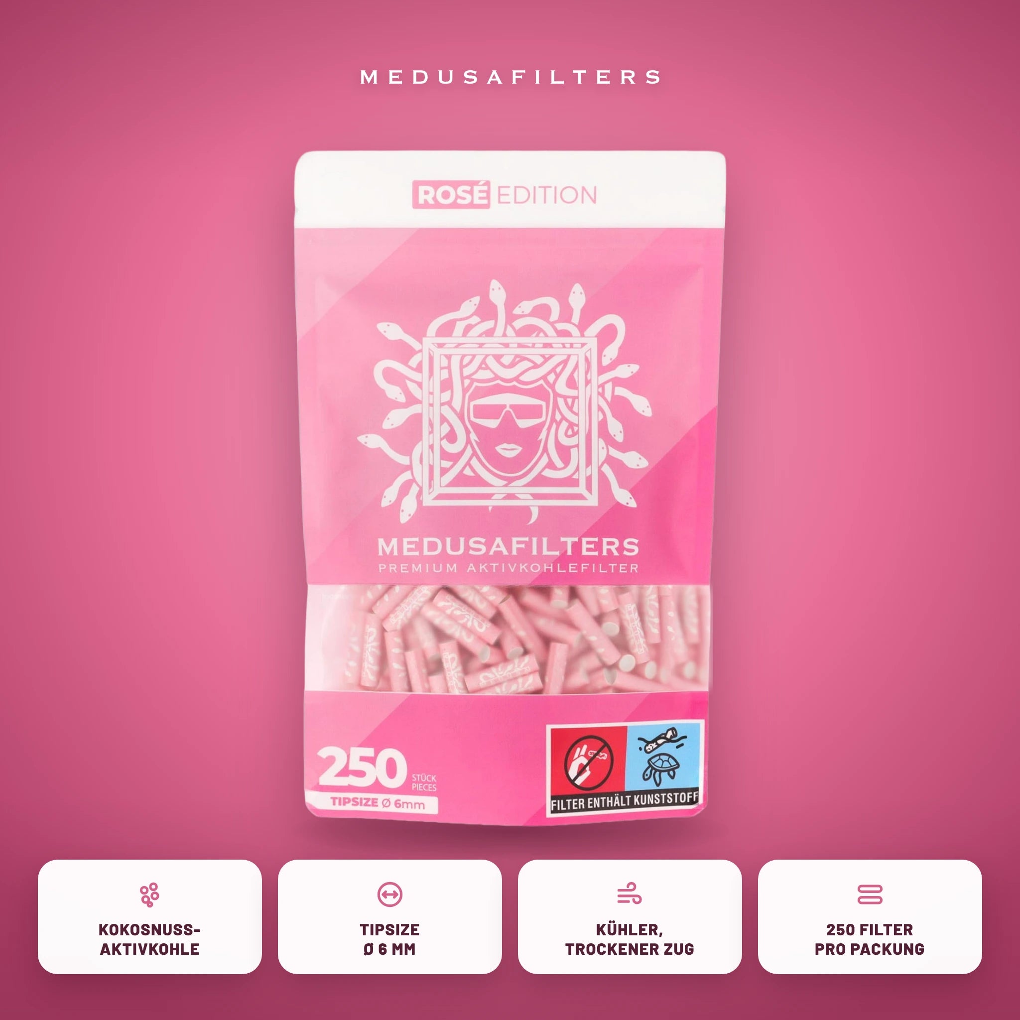 Medusafilters Aktivkohlefilter 6 mm ROSÉ Edition 250er Packung – Kokosnuss-Aktivkohle, Tipsize 6 mm, kühler trockener Zug