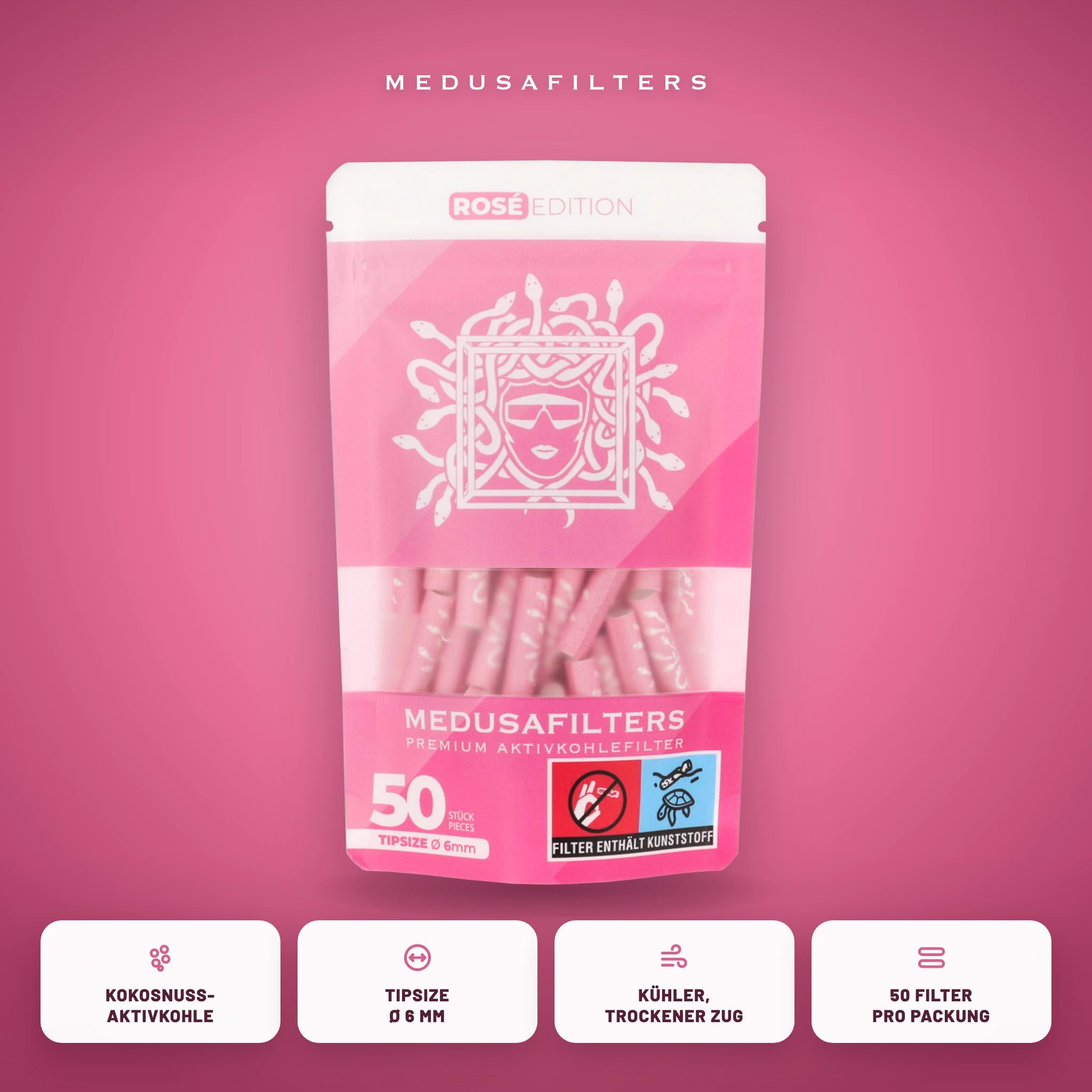 Medusafilters Aktivkohlefilter 6 mm ROSÉ Edition 50er Packung – Kokosnuss-Aktivkohle, Tipsize 6 mm, kühler trockener Zug