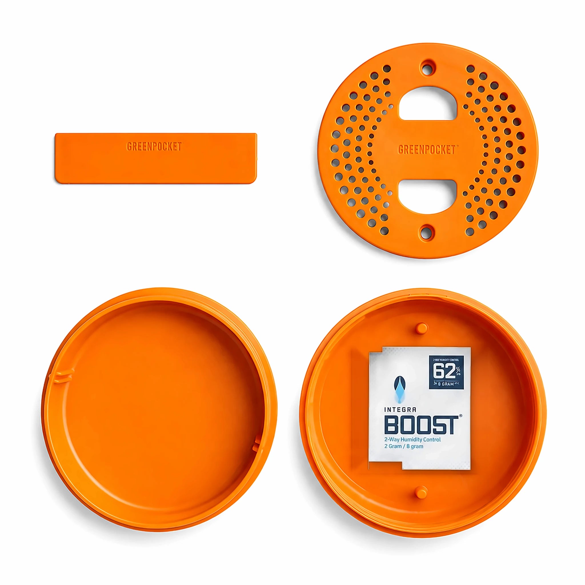 Green Pocket Sunset – alle Teile: Base, Deckel mit Integra-Boost-Pack, Sieb-Einsatz, Trennwand