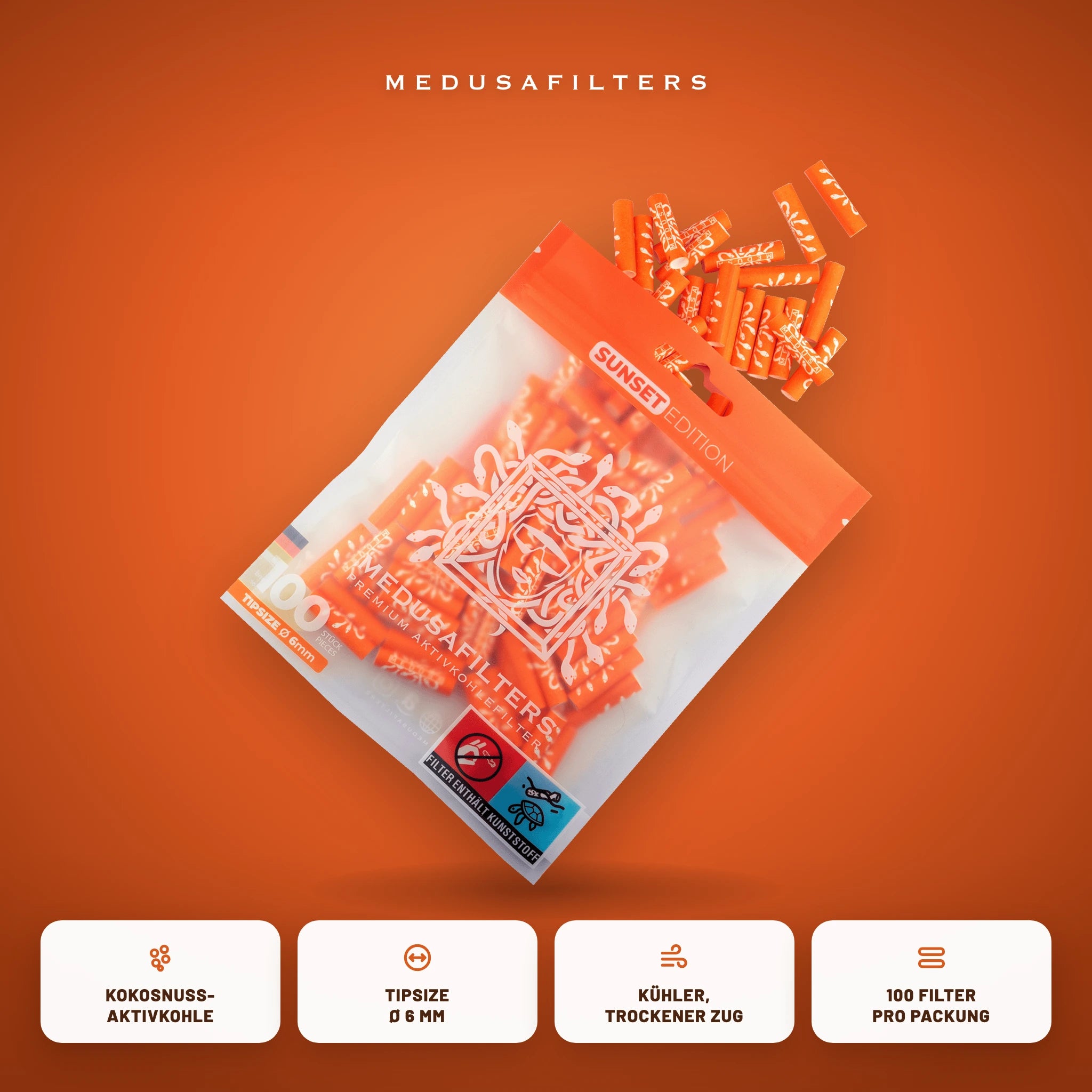 Medusafilters Aktivkohlefilter 6 mm SUNSET Edition 100er Packung – Kokosnuss-Aktivkohle, Tipsize 6 mm, kühler trockener Zug