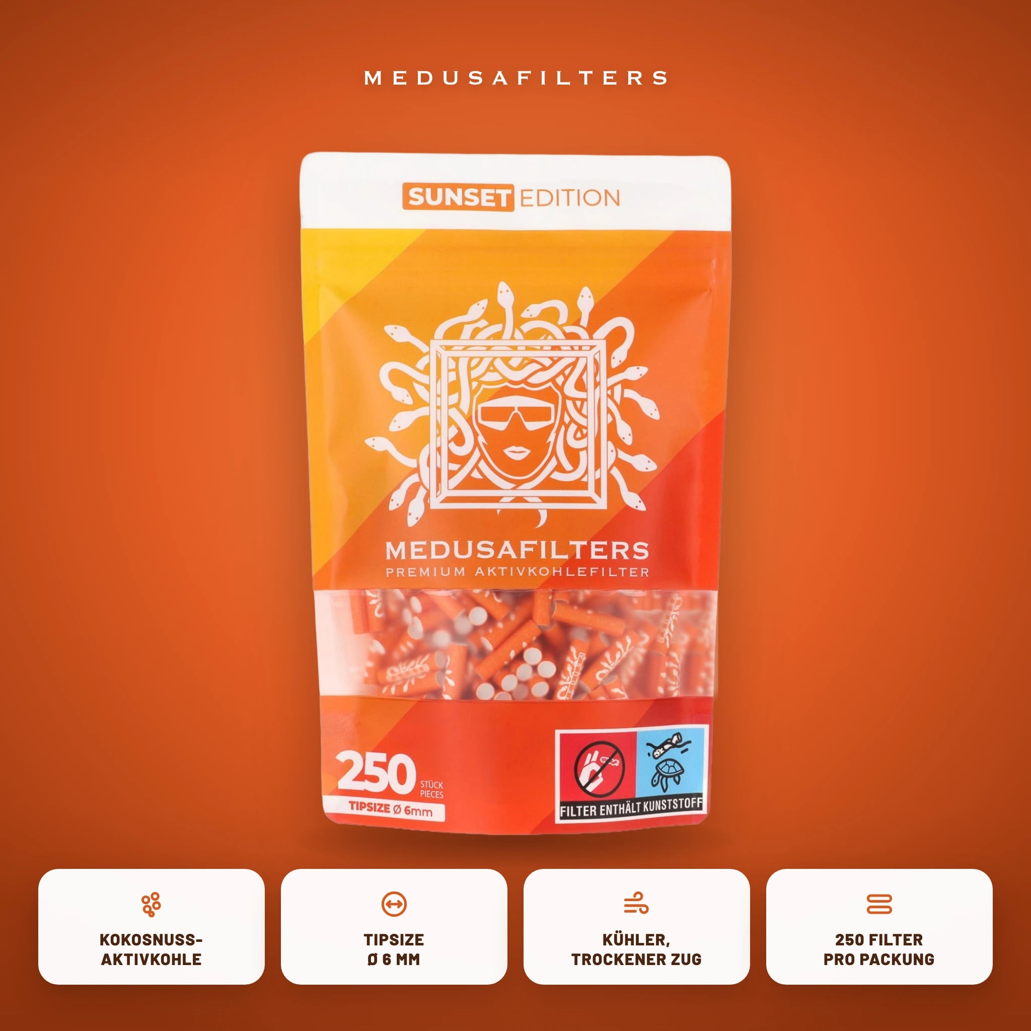 Medusafilters Aktivkohlefilter 6 mm SUNSET Edition 250er Packung – Kokosnuss-Aktivkohle, Tipsize 6 mm, kühler trockener Zug