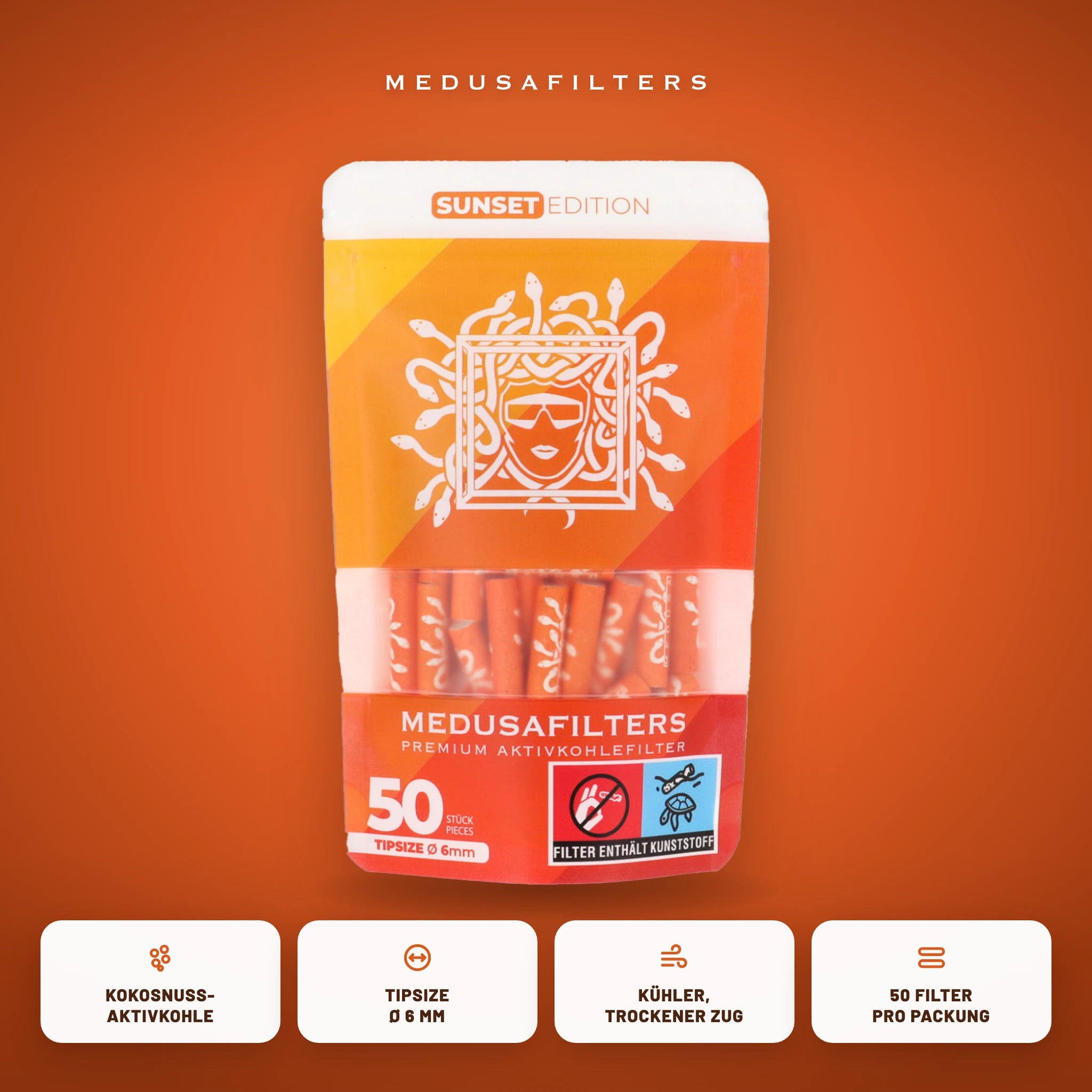 Medusafilters Aktivkohlefilter 6 mm SUNSET Edition 50er Packung – Kokosnuss-Aktivkohle, Tipsize 6 mm, kühler trockener Zug
