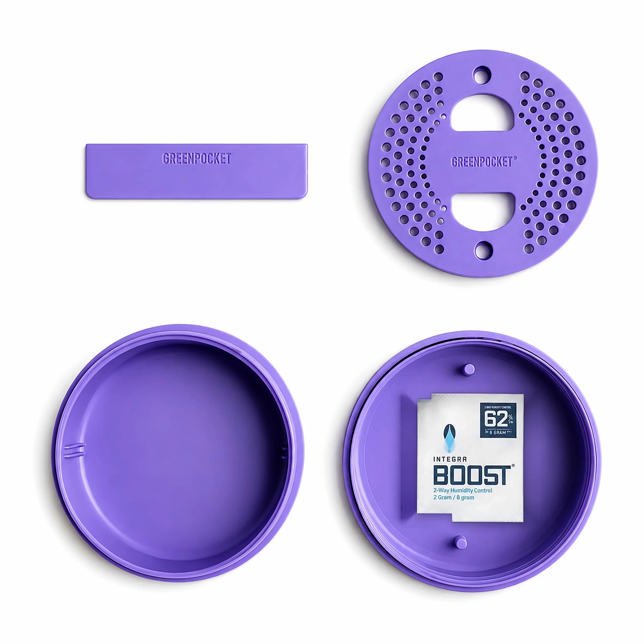 Green Pocket Violet – alle Teile: Base, Deckel mit Integra-Boost-Pack, Sieb-Einsatz, Trennwand