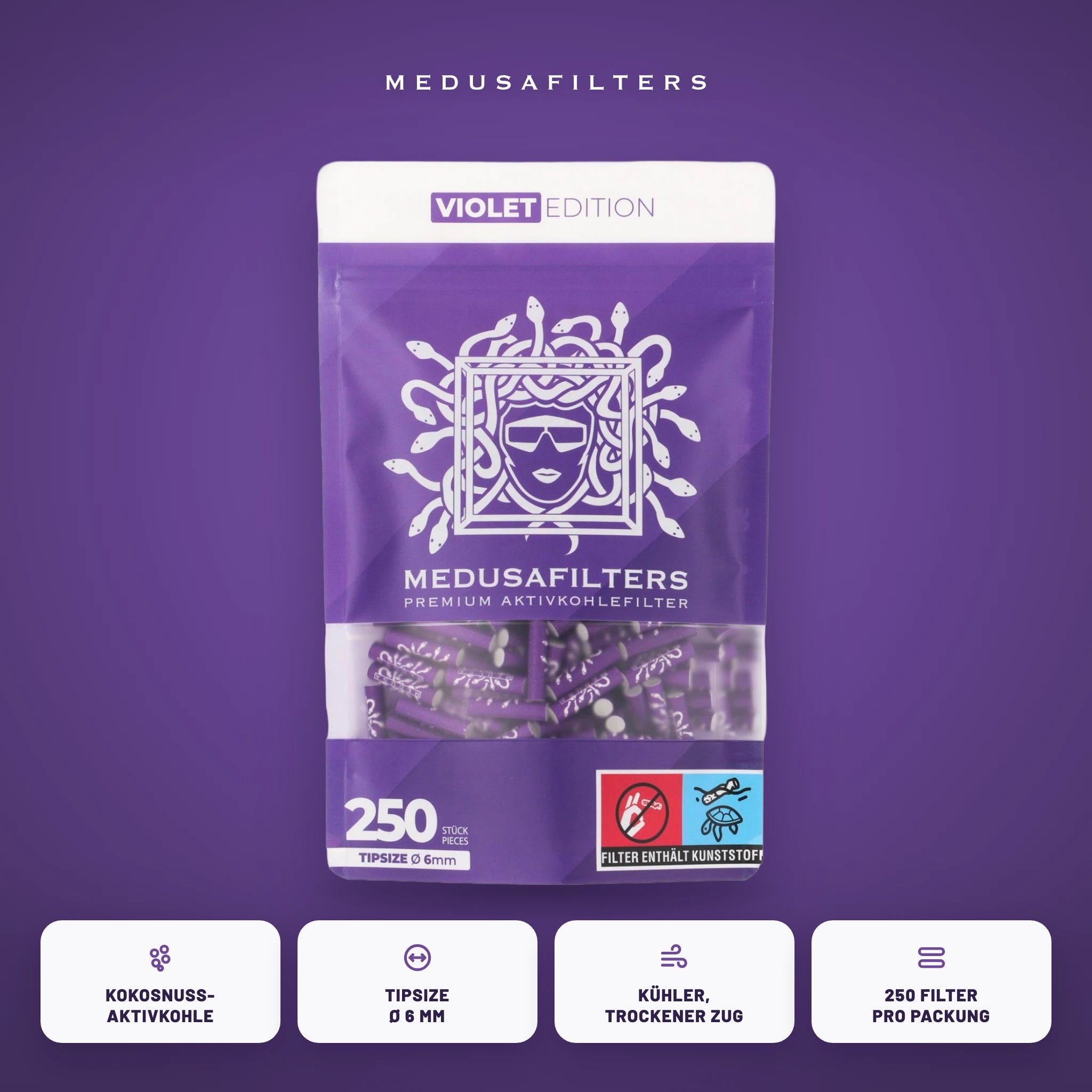 Medusafilters Aktivkohlefilter 6 mm VIOLET Edition 250er Packung – Kokosnuss-Aktivkohle, Tipsize 6 mm, kühler trockener Zug