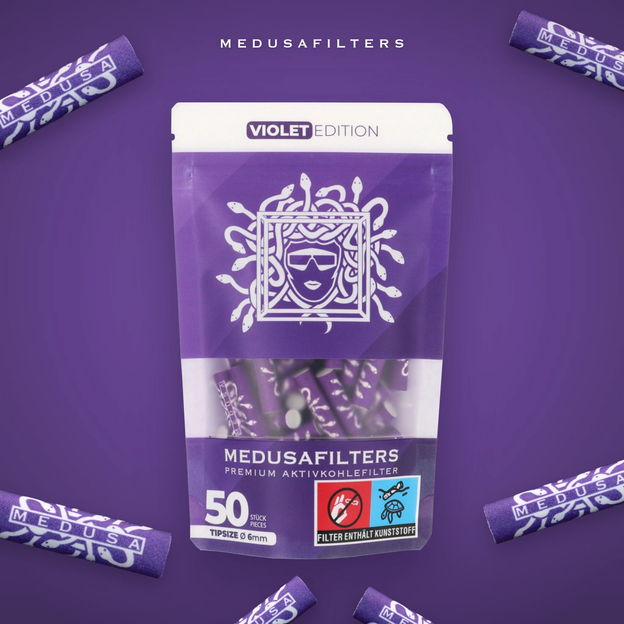 Medusafilters VIOLET Edition 50er Packung mit Aktivkohlefiltern